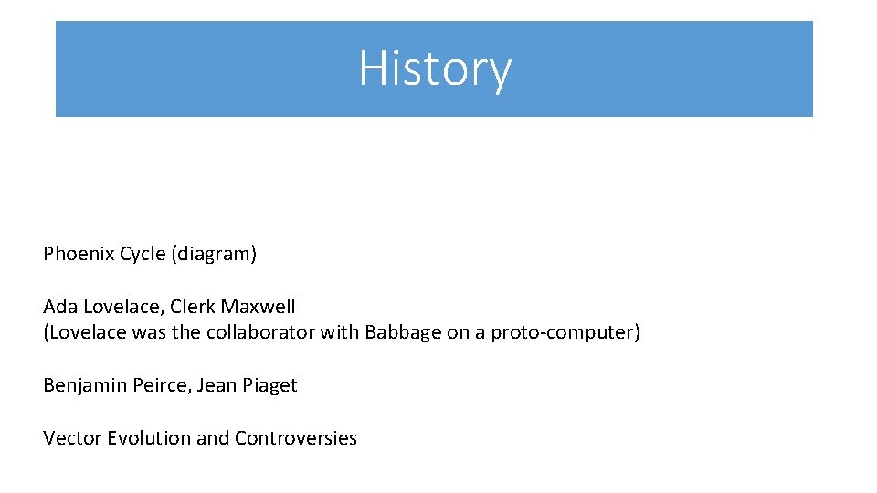 History Phoenix Cycle (diagram) Ada Lovelace, Clerk Maxwell (Lovelace was the collaborator with Babbage