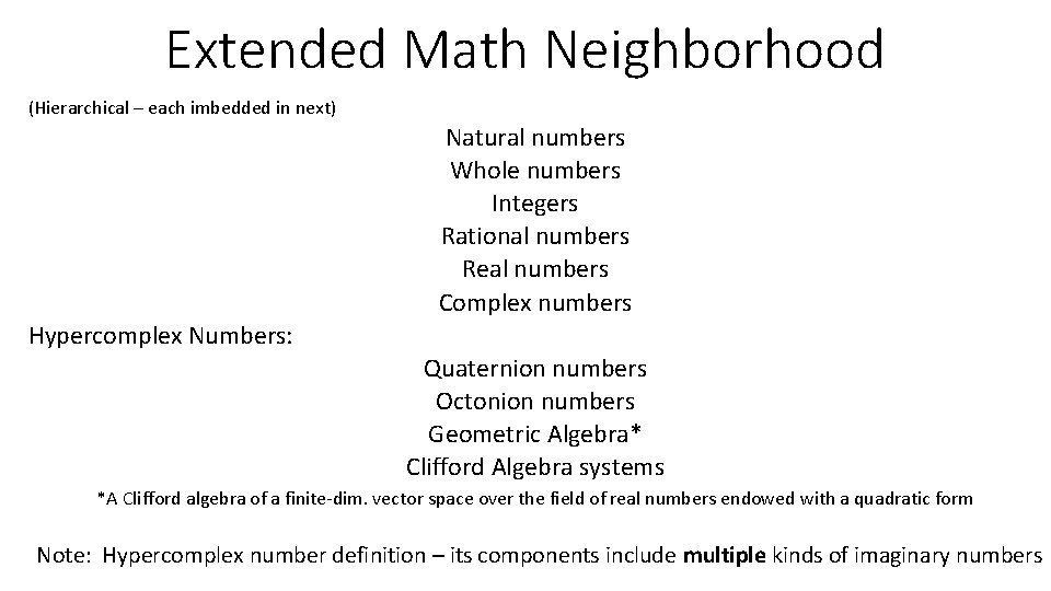 Extended Math Neighborhood (Hierarchical – each imbedded in next) Natural numbers Whole numbers Integers