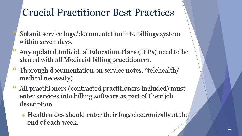 Crucial Practitioner Best Practices } Submit service logs/documentation into billings system within seven days.