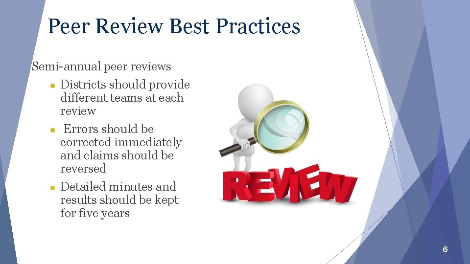 Peer Review Best Practices Semi-annual peer reviews ● Districts should provide different teams at