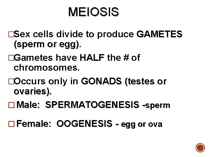 MEIOSIS �Sex cells divide to produce GAMETES (sperm or egg) �Gametes have HALF the