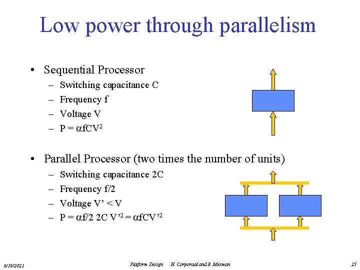 Low power through parallelism • Sequential Processor – – Switching capacitance C Frequency f