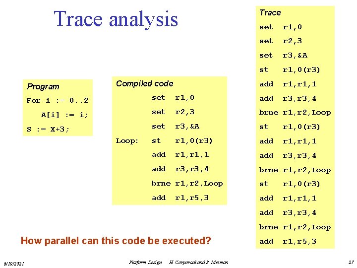 Trace analysis Program Compiled code Trace set r 1, 0 set r 2, 3