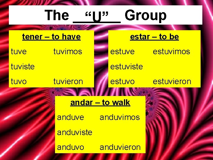 The ______ “U” Group tener – to have tuvimos tuviste tuvo estar – to