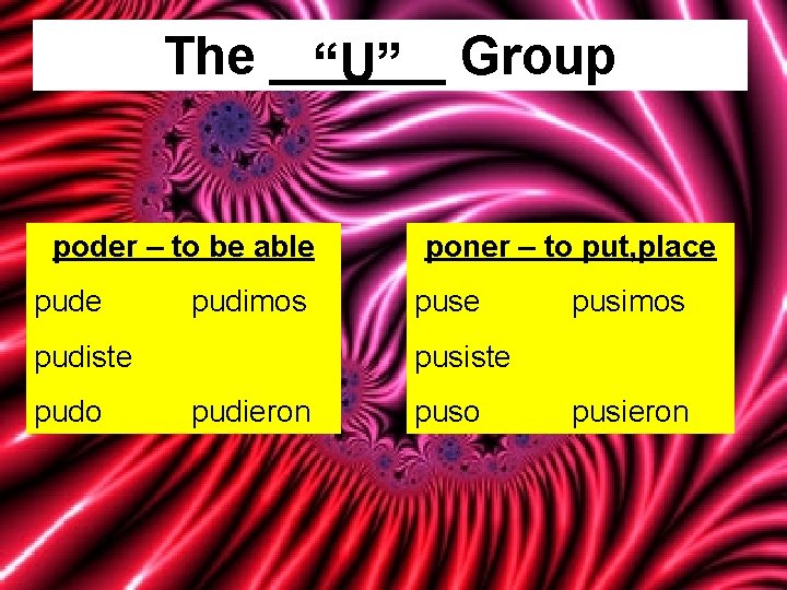 The ______ “U” Group poder – to be able pudimos pudiste pudo poner –