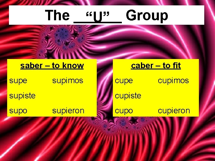 The ______ “U” Group saber – to know supe supimos supiste supo caber –