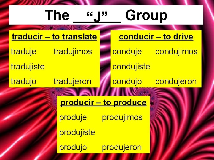 The ______ “J” Group traducir – to translate tradujimos tradujiste tradujo conducir – to