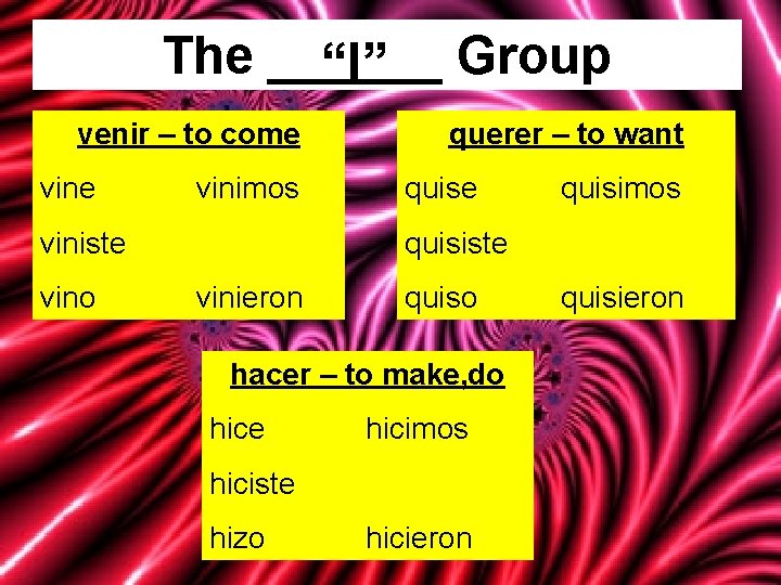 The ______ “I” Group venir – to come vinimos viniste vino querer – to