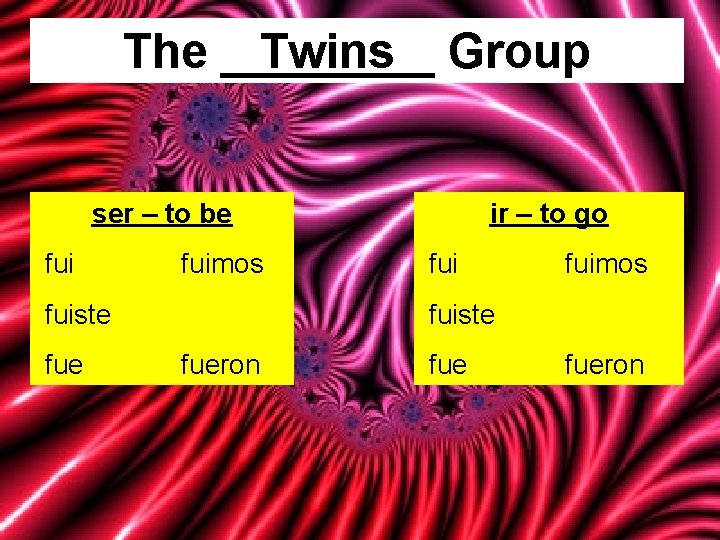 The ____ Twins Group ser – to be fuimos fuiste fue ir – to