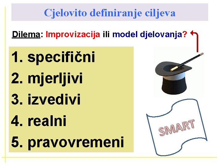 Cjelovito definiranje ciljeva Dilema: Improvizacija ili model djelovanja? 1. specifični 2. mjerljivi 3. izvedivi