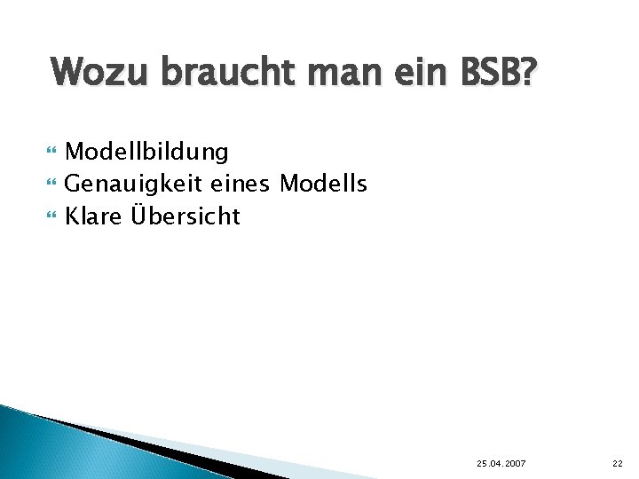 Wozu braucht man ein BSB? Modellbildung Genauigkeit eines Modells Klare Übersicht 25. 04. 2007