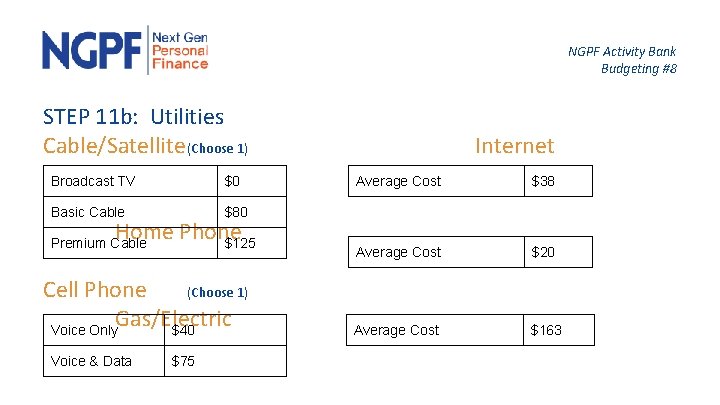 NGPF Activity Bank Budgeting #8 STEP 11 b: Utilities Cable/Satellite (Choose 1) Broadcast TV