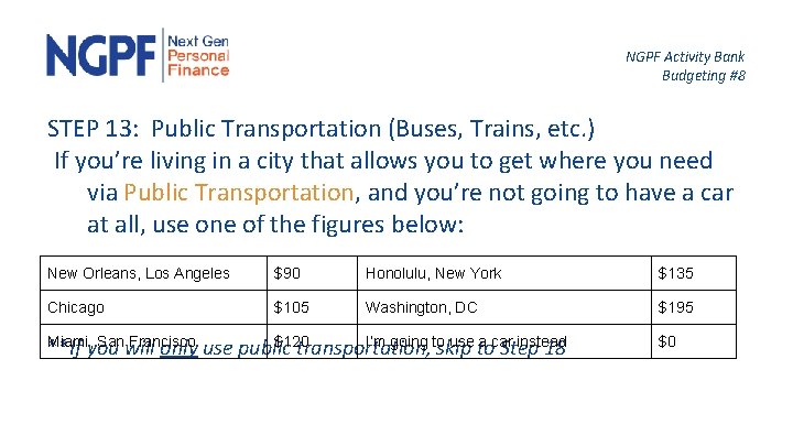 NGPF Activity Bank Budgeting #8 STEP 13: Public Transportation (Buses, Trains, etc. ) If