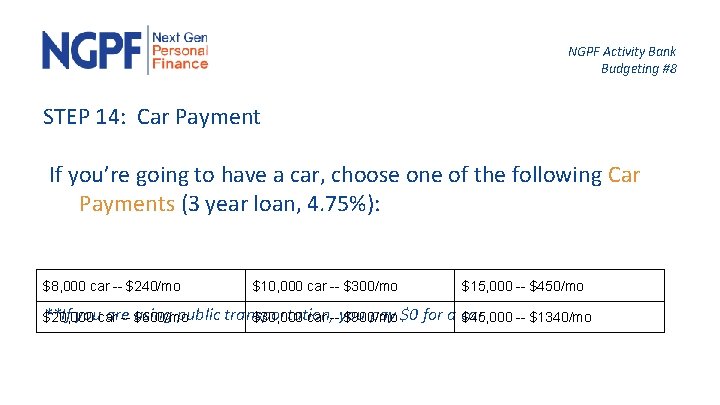 NGPF Activity Bank Budgeting #8 STEP 14: Car Payment If you’re going to have