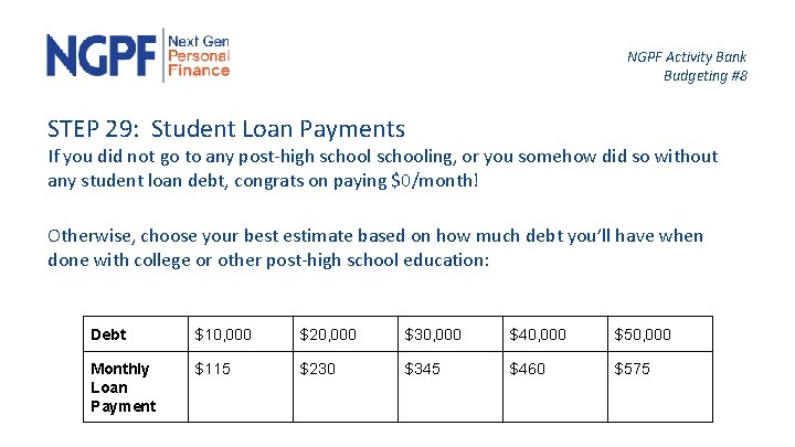 NGPF Activity Bank Budgeting #8 STEP 29: Student Loan Payments If you did not