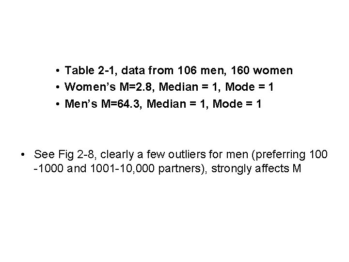  • Table 2 -1, data from 106 men, 160 women • Women’s M=2.