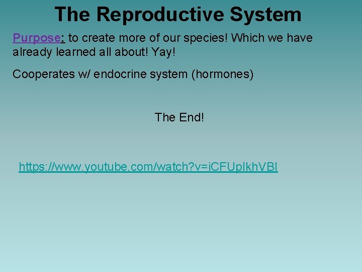 The Reproductive System Purpose: to create more of our species! Which we have already