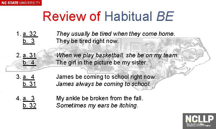 Review of Habitual BE 1. a. 32 b. 3 They usually be tired when