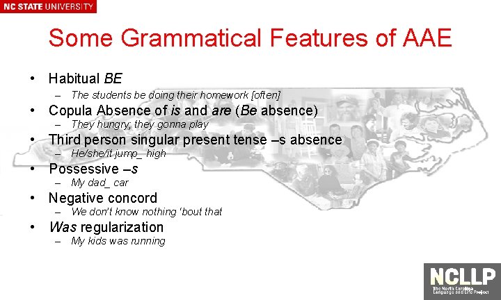 Some Grammatical Features of AAE • Habitual BE – The students be doing their