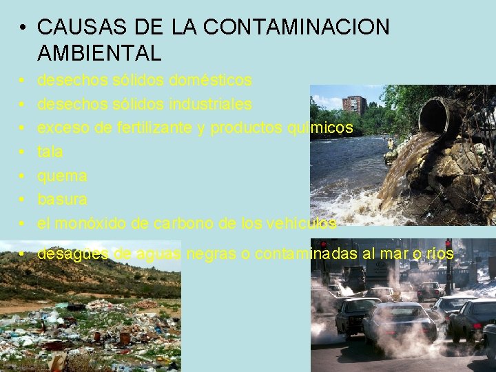  • CAUSAS DE LA CONTAMINACION AMBIENTAL • • desechos sólidos domésticos desechos sólidos