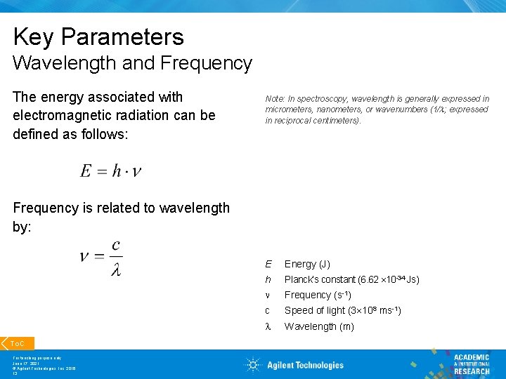 Key Parameters Wavelength and Frequency The energy associated with electromagnetic radiation can be defined