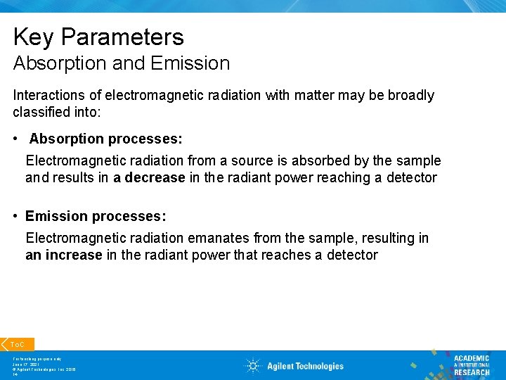 Key Parameters Absorption and Emission Interactions of electromagnetic radiation with matter may be broadly