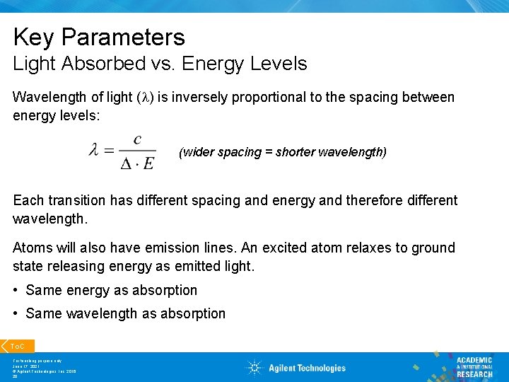 Key Parameters Light Absorbed vs. Energy Levels Wavelength of light ( ) is inversely