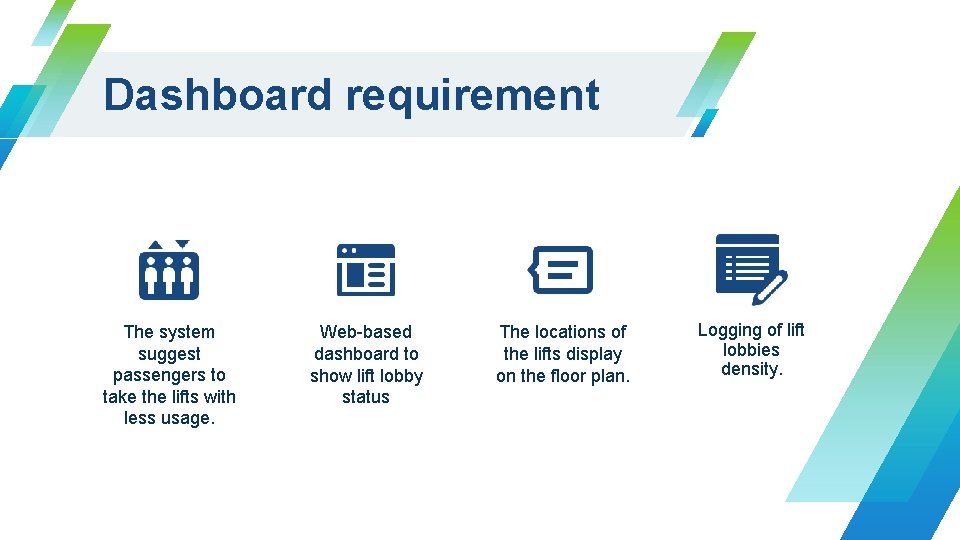 Dashboard requirement The system suggest passengers to take the lifts with less usage. Web-based