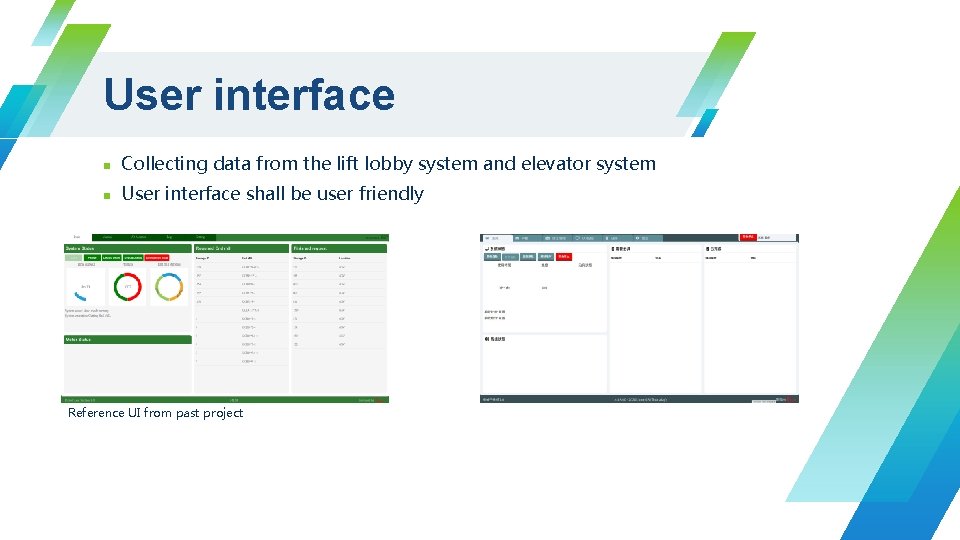 User interface n Collecting data from the lift lobby system and elevator system n