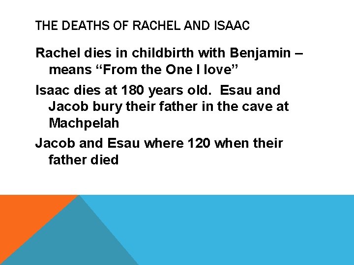 THE DEATHS OF RACHEL AND ISAAC Rachel dies in childbirth with Benjamin – means