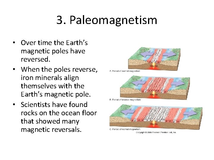 3. Paleomagnetism • Over time the Earth’s magnetic poles have reversed. • When the