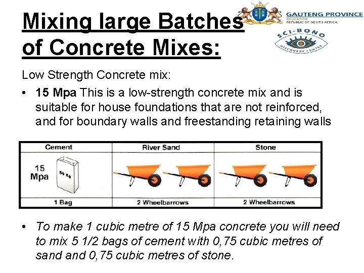 Mixing large Batches of Concrete Mixes: Low Strength Concrete mix: • 15 Mpa This