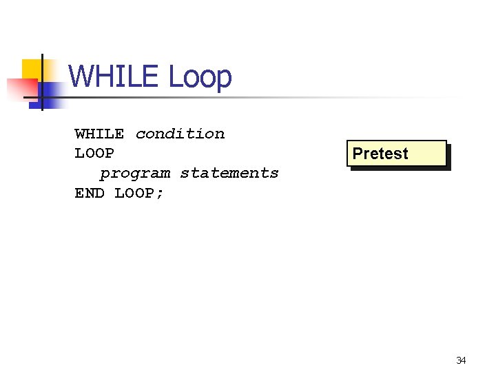 WHILE Loop WHILE condition LOOP program statements END LOOP; Pretest 4 WHILE … LOOP WHILE Loop WHILE condition LOOP program statements END LOOP; Pretest 4 WHILE … LOOP