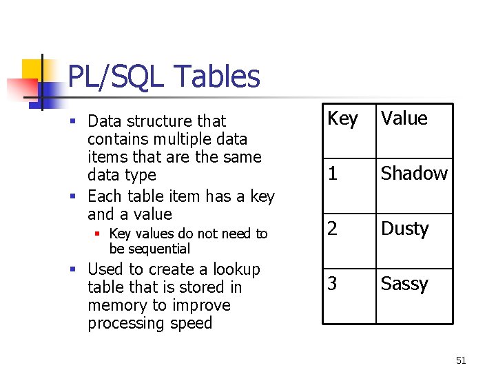 PL/SQL Tables § Data structure that contains multiple data items that are the same PL/SQL Tables § Data structure that contains multiple data items that are the same