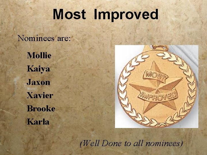 Most Improved Nominees are: Mollie Kaiya Jaxon Xavier Brooke Karla (Well Done to all