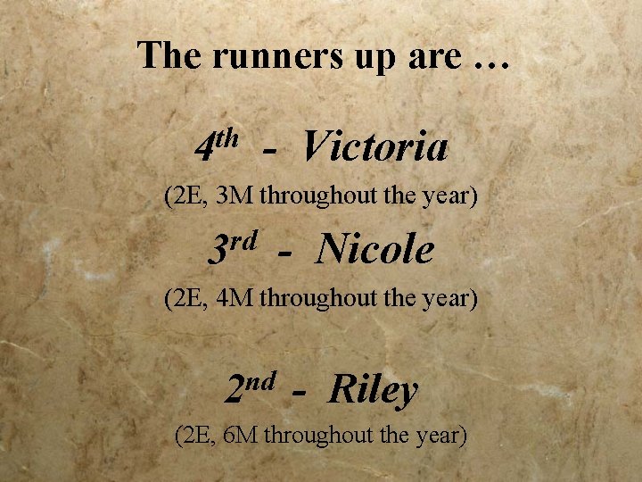 The runners up are … th 4 - Victoria (2 E, 3 M throughout