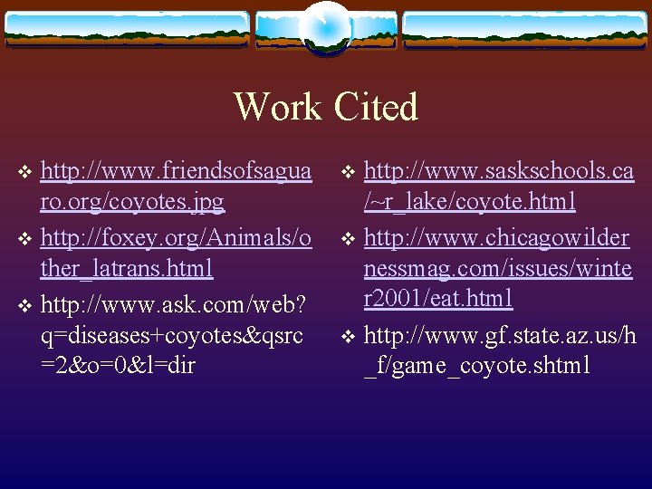 Work Cited http: //www. friendsofsagua ro. org/coyotes. jpg v http: //foxey. org/Animals/o ther_latrans. html