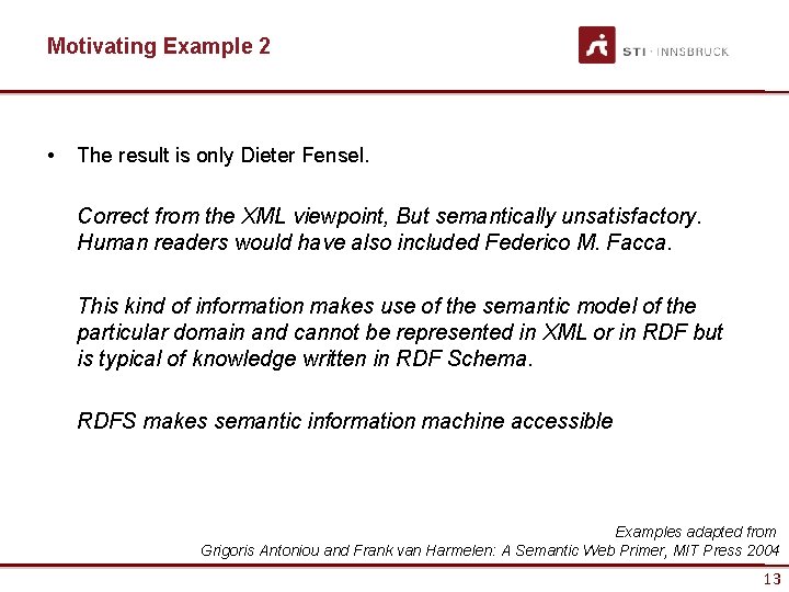Motivating Example 2 • The result is only Dieter Fensel. Correct from the XML