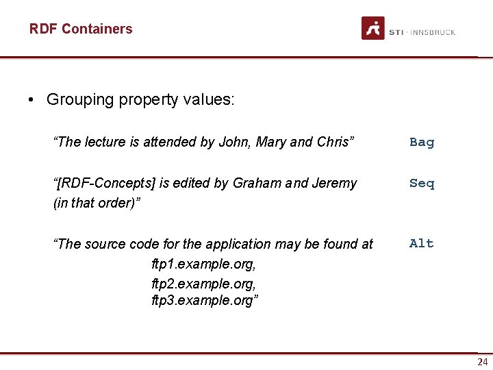 RDF Containers • Grouping property values: “The lecture is attended by John, Mary and