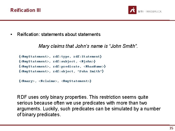 Reification III • Reification: statements about statements Mary claims that John’s name is “John