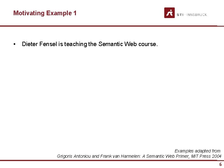 Motivating Example 1 • Dieter Fensel is teaching the Semantic Web course. Examples adapted