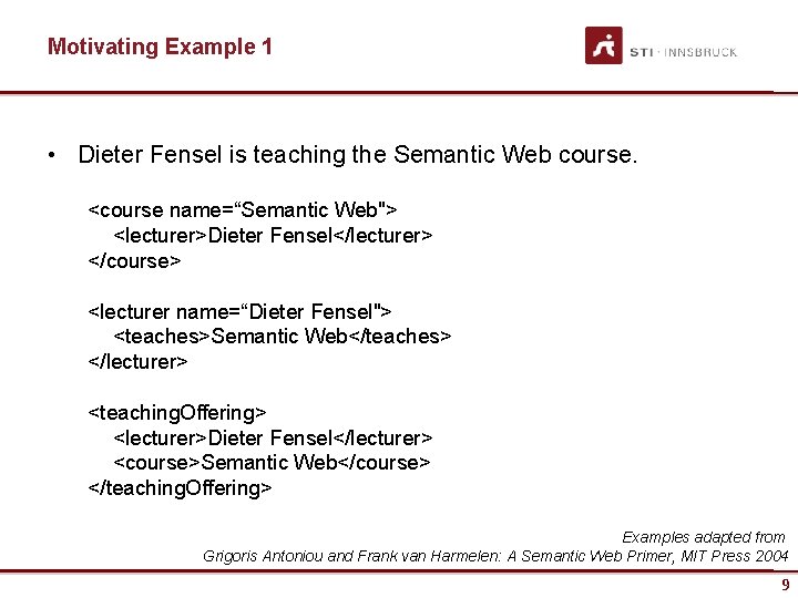 Motivating Example 1 • Dieter Fensel is teaching the Semantic Web course. <course name=“Semantic