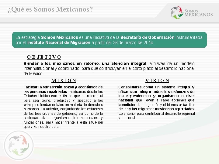 ¿Qué es Somos Mexicanos? La estrategia Somos Mexicanos es una iniciativa de la Secretaría