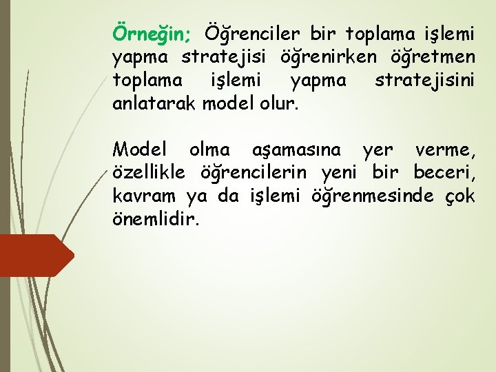 Örneğin; Öğrenciler bir toplama işlemi yapma stratejisi öğrenirken öğretmen toplama işlemi yapma stratejisini anlatarak