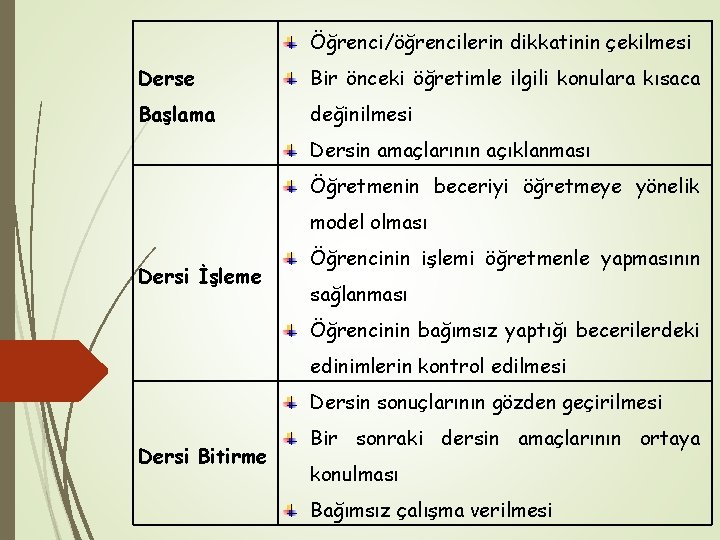 Öğrenci/öğrencilerin dikkatinin çekilmesi Derse Bir önceki öğretimle ilgili konulara kısaca Başlama değinilmesi Dersin amaçlarının