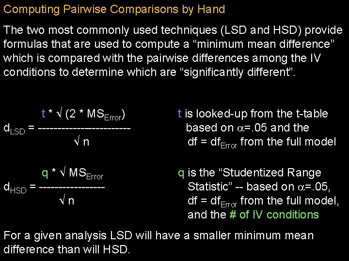 Computing Pairwise Comparisons by Hand The two most commonly used techniques (LSD and HSD)