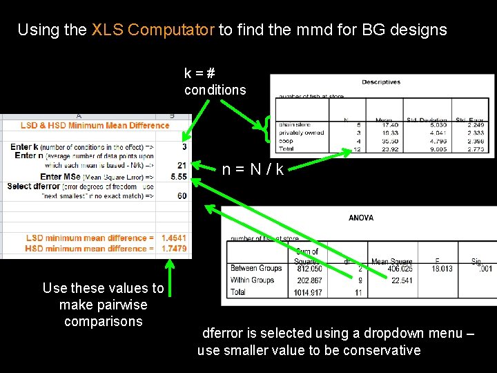 Using the XLS Computator to find the mmd for BG designs k=# conditions n=N/k