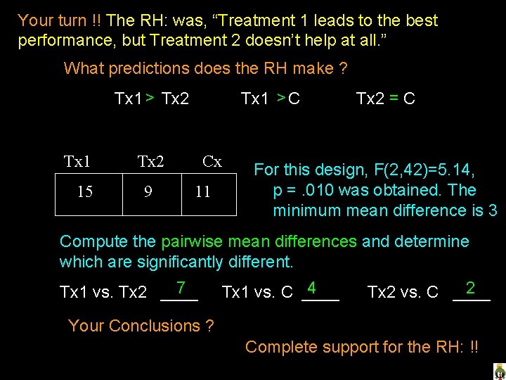 Your turn !! The RH: was, “Treatment 1 leads to the best performance, but
