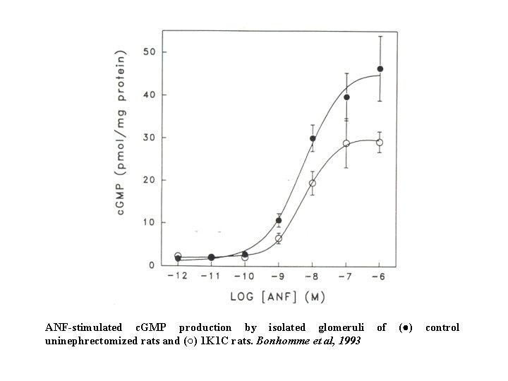 ANF-stimulated c. GMP production by isolated glomeruli uninephrectomized rats and (○) 1 K 1
