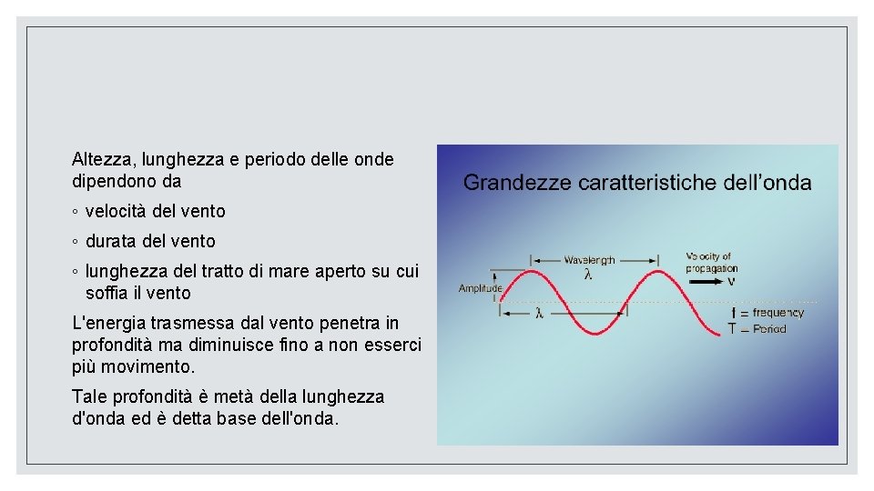 Altezza, lunghezza e periodo delle onde dipendono da ◦ velocità del vento ◦ durata